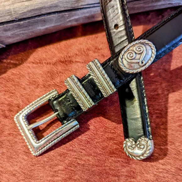 Studio Barse Black Leather Belt with Silver Conchos and Buckle - Picture 4 of 13